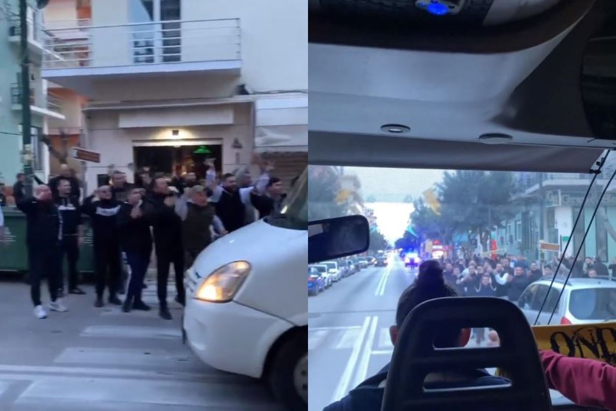 Ο κόσμος της ΑΕΚ αποθέωσε την ομάδα κατά την αναχώρηση από το ξενοδοχείο πριν τον τελικό με τον Ολυμπιακό