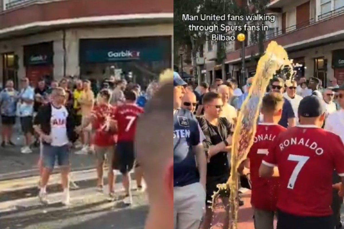 Οπαδοί της Μάντσεστερ Γιουνάιτεντ πέρασαν μπροστά από αυτούς της Τότεναμ και λούστηκαν με μπίρα (vid)